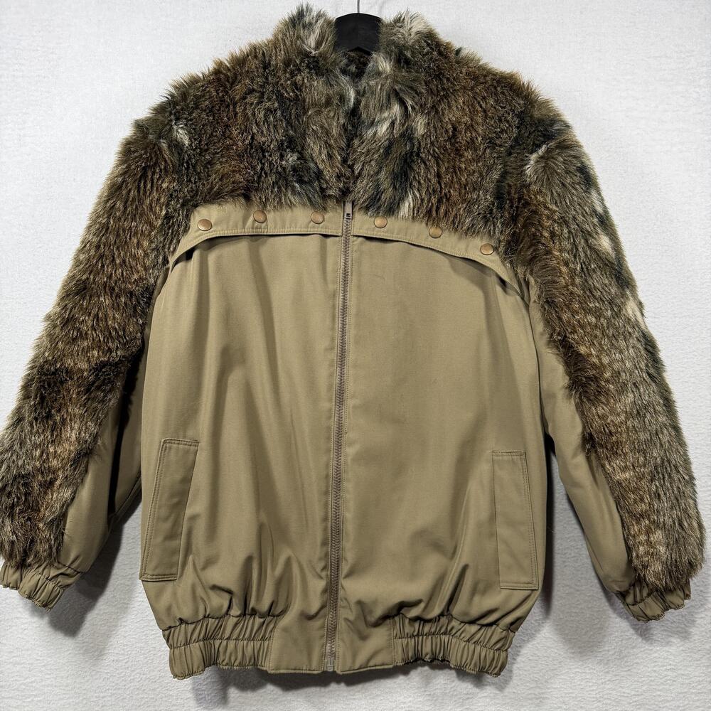 Vintage Lifestyle 80 Jacket Womens Large Beige Fur Trim Bomber Quilted Warm 80s